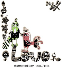 Background with green and pink bird and the inscription "love".