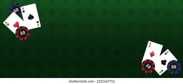 Background of green poker table with playing cards and chips.Vector illustration