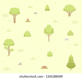 Background green spring park with trees, grass, bushes, stumps and stones. Stylish flat pattern. Vector illustration