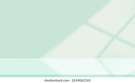 Background Green Studio Room with Nature light,Shadow on Podium Display for Cosmetic Product.Summer Backdrop with Shadow leaves on concrete wall,floor texture,Empty light green background platform	