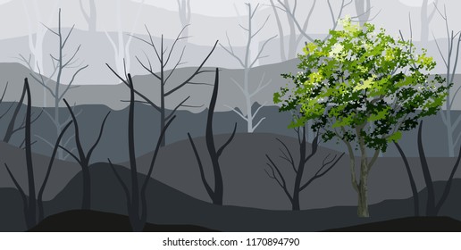 Background of green tree and forest fog. Vector illustration.