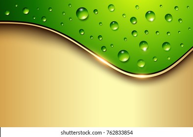 Background with green water drops, vector 3d background with dew and copy space.