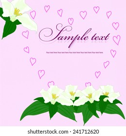 Background for greeting card with hearts and flowers on a pink background mesh.