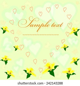 Background for greeting card with hearts and flowers on a light green background.