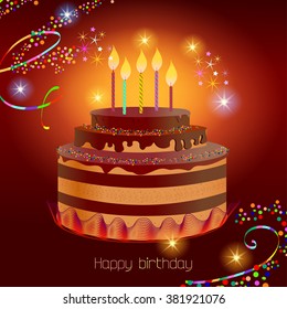 Background for a greeting card and invitation on birthday party. Birthday cake with candles.