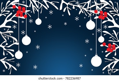 Background or greeting card with snowy branches, Christmas balls, Rowan berries, snowflakes, white  and red color, isolated on dark blue background