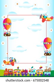 Background for greeting card, train with carriages, with children, gifts, animals. With text.