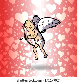 background for greeting card Valentine's Day with hearts and funny bright angel