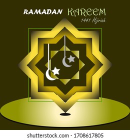 The background of the greetings of Ramadhan Kareem is an Islamic crescent symbol