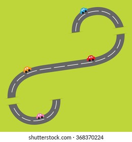 Background with grey road white marking and cartoon cars. Flat design. Vector illustration