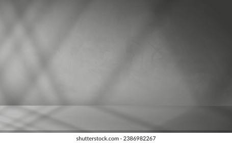 Background Grey Wall Studio with Shadow Leaves, light on Cement floor Surface Texture,Empty Mockup Kitchen Room with Podium Display,Top Shelf Bar,Backdrop Concrete background,Cosmetic Product Present