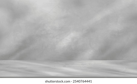 Background Grey wall texture interior and Cement floor for product present,Backdrop Studio Concrete grey wall room with Shadow Leaves,Light on 3D Podium Display