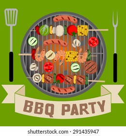 Background with grill and barbecue food. BBQ party