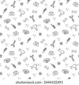 Background for grooming salon and pet shop, t-shirt, web page, fabrics. Seamless pattern paw, bone, scissors, bowl, collar, hair dryer.