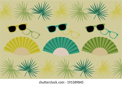 Background with a group of fans, sunglasses and palm leaves