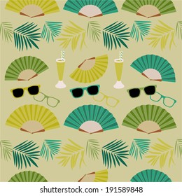 Background with a group of fans, sunglasses , palm leaves and lemon juice
