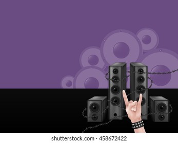Background with group of speakers wrapped with barbed wire. Hand with rock gesture in the front.