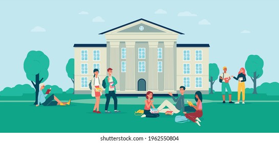 Background with groups of students in front of college campus building, flat vector illustration. College or university campus backdrop template with young people. - Shutterstock ID 1962550804