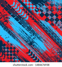 Background with grunge red and blue tire tracks and ink blots