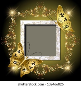 Background with grungy photo frame, butterflies and golden ornament for inserting text and photo