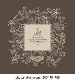 Background with guduchi : giloy plant and guduchi leaves. Tinospora cordifolia. Oil, soap and bath salt . Cosmetics and medical plant. Vector hand drawn illustration
