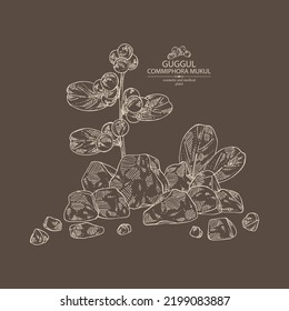Background with guggul: guggul plant, leaves, berries and guggul resin. Commiphora mukul. Cosmetic, perfumery and medical plant. Vector hand drawn illustration