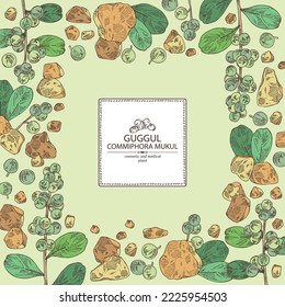 Background with guggul: guggul plant, leaves, berries and guggul resin. Commiphora mukul. Cosmetic, perfumery and medical plant. Vector hand drawn illustration
