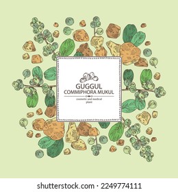 Background with guggul: guggul plant, leaves, berries and guggul resin. Commiphora mukul. Cosmetic, perfumery and medical plant. Vector hand drawn illustration