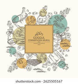 Fundo com guggul: planta guggul, folhas, bagas e resina guggul. Commiphora mukul. Óleo, sabão e sal de banho . Cosméticos e planta médica. Vetor