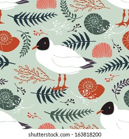 Background with gulls on the coast. Herbs, twigs and leaves