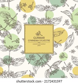 Background with gymnema sylvestre: gymnema sylvestre plant, gurmar leaves and gymnema sylvestre flowers. Gurmar, sugar destroyer. Cosmetic, perfumery and medical plant. Vector hand drawn