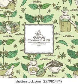 Background with gymnema sylvestre: gymnema sylvestre plant, gurmar leaves and gymnema sylvestre flowers.  Oil, soap and bath salt . Cosmetics and medical plant. Vector hand drawn