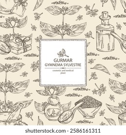 Background with gymnema sylvestre: gymnema sylvestre plant, gurmar leaves and gymnema sylvestre flowers.  Oil, soap and bath salt . Cosmetics and medical plant. Vector hand drawn