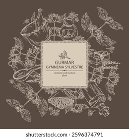 Background with gymnema sylvestre: gymnema sylvestre plant, gurmar leaves and gymnema sylvestre flowers.  Oil, soap and bath salt . Cosmetics and medical plant. Vector hand drawn