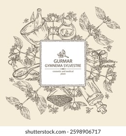Background with gymnema sylvestre: gymnema sylvestre plant, gurmar leaves and gymnema sylvestre flowers.  Oil, soap and bath salt . Cosmetics and medical plant. Vector hand drawn