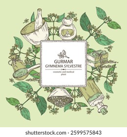 Background with gymnema sylvestre: gymnema sylvestre plant, gurmar leaves and gymnema sylvestre flowers.  Oil, soap and bath salt . Cosmetics and medical plant. Vector hand drawn