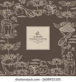 Background with gymnema sylvestre: gymnema sylvestre plant, gurmar leaves and gymnema sylvestre flowers.  Oil, soap and bath salt . Cosmetics and medical plant. Vector hand drawn