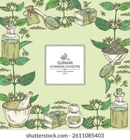 Background with gymnema sylvestre: gymnema sylvestre plant, gurmar leaves and gymnema sylvestre flowers.  Oil, soap and bath salt . Cosmetics and medical plant. Vector hand drawn