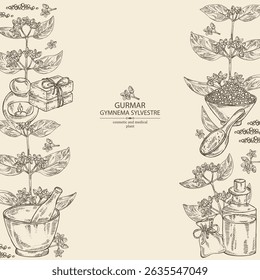 Background with gymnema sylvestre: gymnema sylvestre plant, gurmar leaves and gymnema sylvestre flowers.  Oil, soap and bath salt . Cosmetics and medical plant. Vector hand drawn