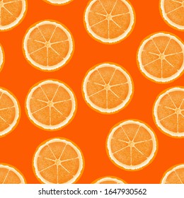 Background of half cut oranges on orange background. Bright summer background. Orange Fruits seamless pattern. Oranges texture design for textiles, wallpaper, fabric.
