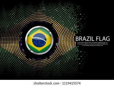 Background Halftone Gradient Template Or LED Neon Light On Round Dots Style Of Brazil Flag.  Modern Soccer Cup For Futuristic Background With Circle Metallic Round Of Brazil Flag. Vector.