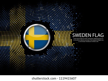 Background Halftone gradient template or LED neon Light on round Dots style of Sweden flag.  Modern soccer cup for futuristic background with circle metallic round of Sweden flag. Vector.