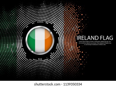 Background Halftone gradient template or LED neon Light on round Dots style of Ireland flag.  Modern soccer cup for futuristic background with circle metallic round of Ireland flag. Vector.