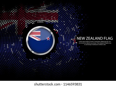 Background Halftone gradient template or LED neon Light on round Dots style of New Zealand flag.  Modern soccer cup for futuristic background with circle metallic round of New Zealand flag. Vector.