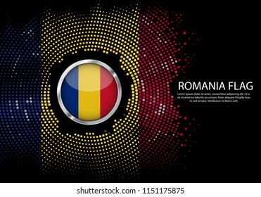 Background Halftone gradient template or LED neon Light on round Dots style of Romania flag.  Modern soccer cup for futuristic background with circle metallic round of Romania flag. Vector.