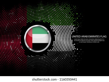 Background Halftone Gradient Template Or LED Neon Light On Round Dots Style Of United Arab Emirates Flag.  Modern Soccer For Futuristic Background With Circle Metallic Round Of UAE Flag. Vector.