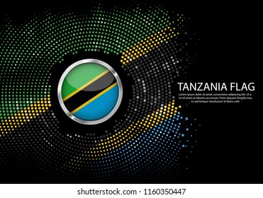 Background Halftone gradient template or LED neon Light on round Dots style of Tanzania flag.  Modern soccer for futuristic background with circle metallic round of Tanzania flag. Vector.