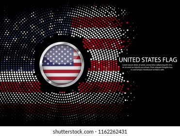 Background Halftone gradient template or LED neon Light on round Dots style of United States flag.  Modern soccer cup for futuristic background with circle metallic round of usa flag. Vector.