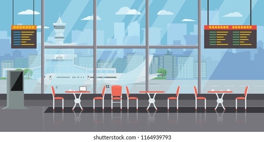 Background of hall at airport with empty coffee tables and chairs. Solid and Flat color style design vector illustration.