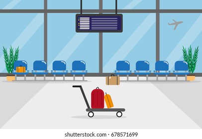 Background of hall at airport. Flat style, vector illustration with big with large windows, seats, airplane and bags